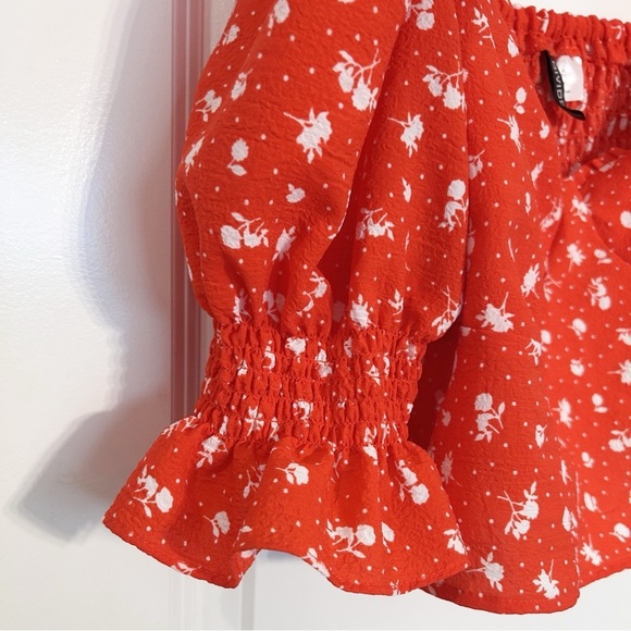 H&M Junior Puff Sleeve Crop Top Red Floral Shirt  Boho Top Summer Resort wear - Picture 6 of 9